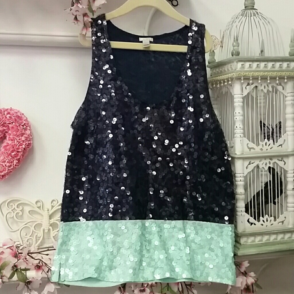 J Crew sequined tank top. Navy and sea green xs
